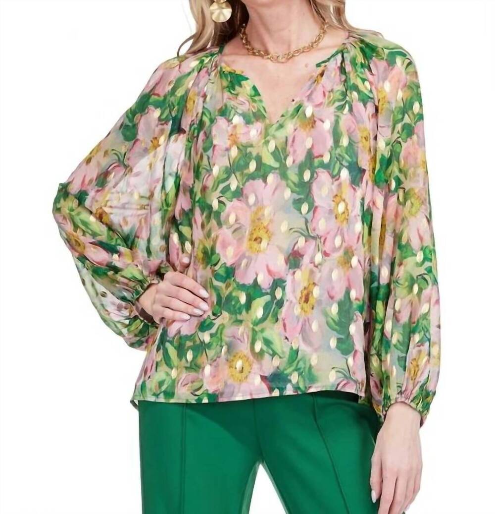 NEW JADE metallic accent peasant top in golden magnolia
